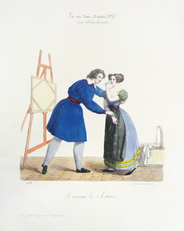 Figure 3.18 A lithograph depicting the same artist from Figure 3.20; here, he turns from his easel and canvas toward a young woman, grabbing her right arm in his left hand and placing his right hand on her back; she shakes her finger in his face. Appears in grayscale.