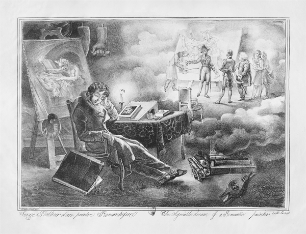 Figure 4.5 A lithograph depicting a young painter, his head resting on his fist, asleep at his desk; in the background, the artist’s dream: his historical painting has been made larger, and is well-received by observers. Appears in grayscale.