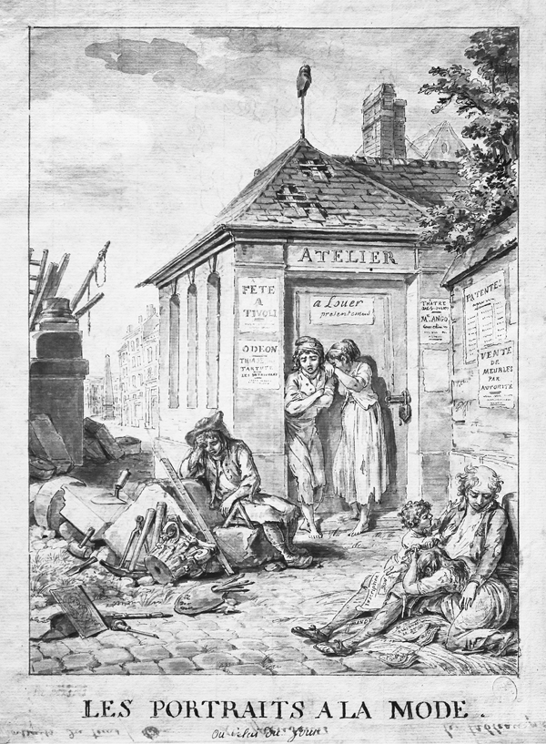 Figure 2.14 A drawing depicting a number of artists in the street outside their studio; dressed in worn and tattered clothing, they sit among their painterly tools scattered on the ground. Appears in grayscale.