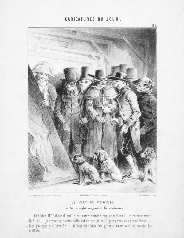 Figure 4.8 An etching depicting a man in an aristocratic wig squinting at a canvas, a feathered quill in his right hand and papers in the other; around his left wrist is the lead for a cane and around the other is a leash for the guide dog at his feet. Appears in grayscale.