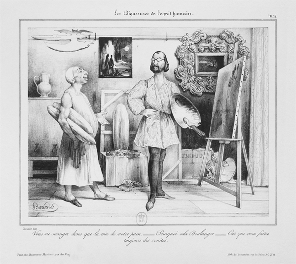 Figure 4.16 A lithograph depicting two men before a framed artwork: the first, a portly, well-dressed older gentleman, stands examining the painting next to a chair in which the second, a younger, disheveled artist, slouches, his legs crosses and arms folded. Appears in grayscale.