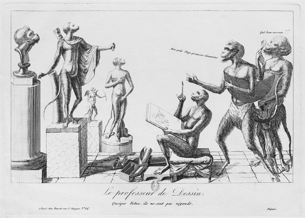 Figure 2.9 An etching depicting three anthropomorphized monkeys before several statues: one, seated atop a small stool, holds an in-progress drawing in his left hand; the second points over his shoulder while the third observes the statutes through a magnifying glass. Appears in grayscale.