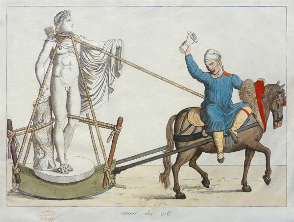 Figure 2.17 A hand-colored etching depicting an artist riding side-saddle on a horse hitched to a wheelless cart on which sits a Grecian statue; above his head, the painter brandishes the state’s broken-off hand above his head.