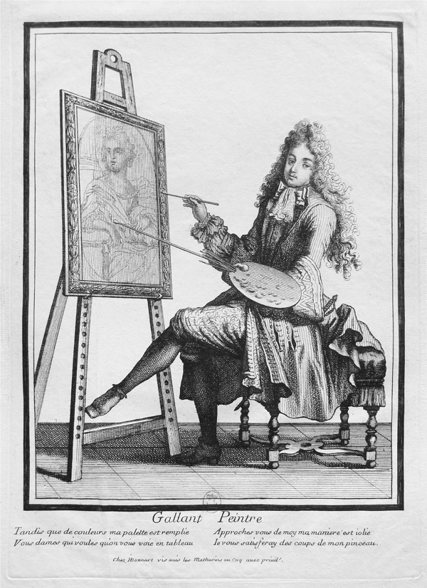 An etching depicting a young artist sitting before an easel and in-progress painting, set in an ornate frame. The artist, in a long wig and elegant Rococo coat, with his tools in-hand, looks not at the canvas but outward. Appears in grayscale.