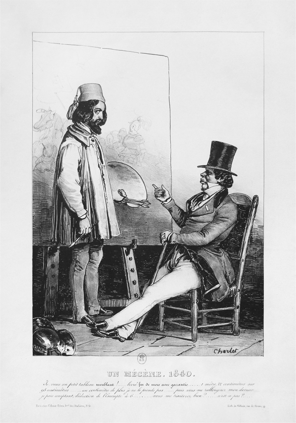 Figure 4.20 A lithograph depicting several Bourgeois figures around a framed artwork leaned floor-to-ceiling in a studio; the artist, brushes and palette in his left hand, stands back while a well-dressed man, holding up pince-nez glasses, leans into the artwork, his right elbow against the canvas. Appears in grayscale.