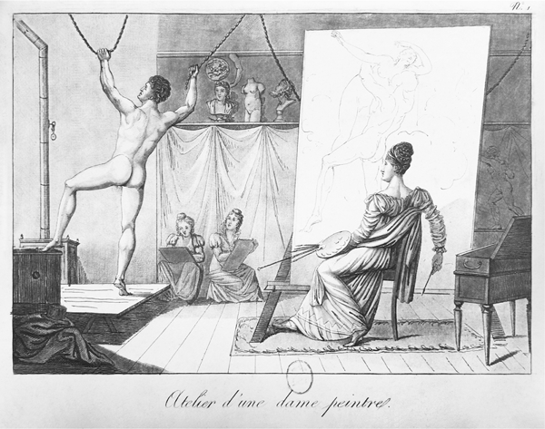 Figure 3.35 A stipple etching depicting a female painter sitting before a large canvas in a spacious studio; holding her painterly tools, she leans back in her chair, eyeing a nude male model. In the background, two female artists sit on the floor, sketching the man. Appears in grayscale.