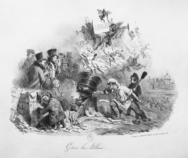 Figure 3.16 A lithograph depicting a printer, holding a linstock in his right hand, leaning to light a cannon for an audience of all classes; under the printer’s feet and scattered on the ground are more lithographic albums for the mortar. Appears in grayscale.