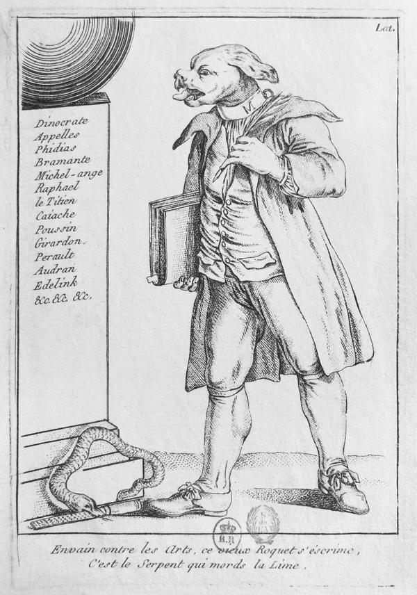 Figure 2.11 A greyscale engraving depicting an anthropomorphized bulldog, wearing a buttoned vest, long coat, and collar, standing before engraved monument; he holds a large book under his right arm and a quill in his left hand. Appears in grayscale.