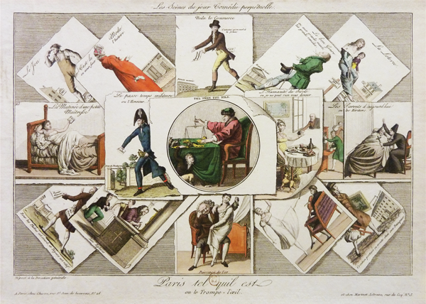 Figure 2.7 A composite etching depicting, among scenes of life in Paris, a wearied artist variably attempting to profit from his work: in one image, an artist, carrying a finished canvas under his left arm and his tools in the other hand, walks through the street. Appears in grayscale.