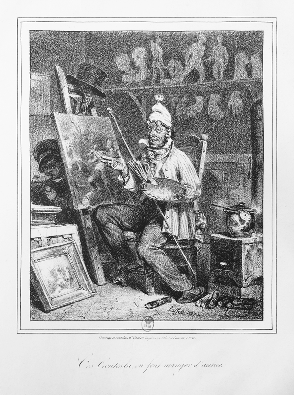 Figure 3.33 A lithograph depicting a maverick artist, his glasses perched on his forehead and painterly tools in his left hand, sitting before an easel in a small and cluttered studio. Appears in grayscale.