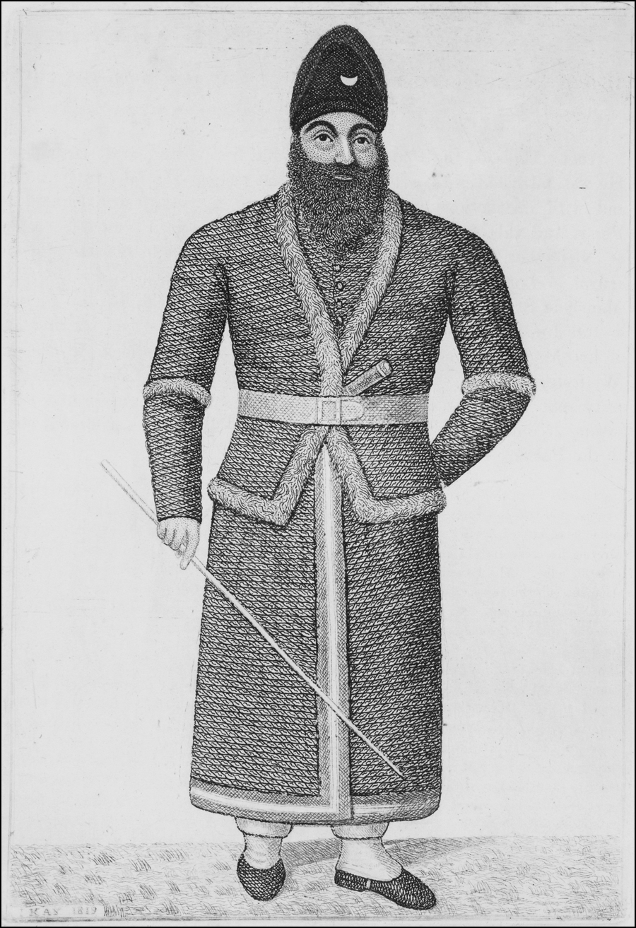 Figure 3.1 A greyscale etching depicting Mirza Aboul Hassan Khan; a bearded Khan, wearing a tailored coat and conical turban, stands square to frame, holding a pole in his right hand and the other behind his back.