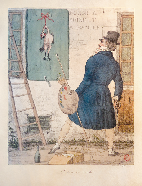 Figure 3.26 A lithograph depicting an artist, holding a paintbrush in his right hand and tools in the other, leaning back on his right foot to regard his finished piece: a painting of a hanged chicken done on a window shutter. Appears in grayscale.