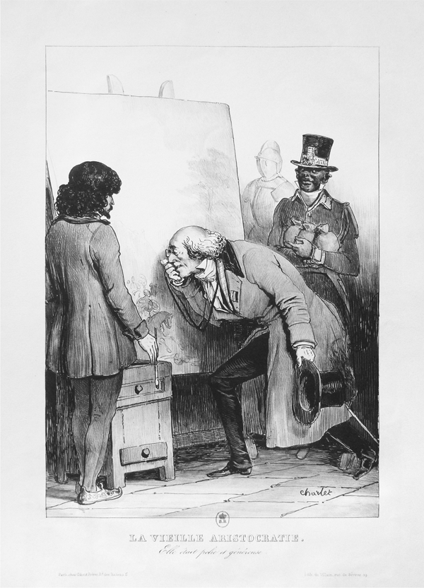 Figure 4.11 A lithograph depicting several anthropomorphized, inanimate objects—among them a banana, pumpkin, and violin—surround a large canvas, peering through pince-nez frames and monocles in observation of the artwork. Appears in grayscale.