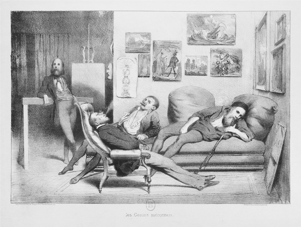 Figure 4.29 A lithograph depicting several artists—including a musician holding sheet music, a painter with a canvas, and an architect holding a rolled sketch—in a courtyard wearing laurel wreaths. Appears in grayscale.