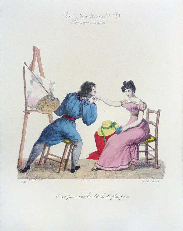 Figure 3.17 A lithograph depicting an artist and his female model in a studio. The artist sits sideways, straddling his stool and leaning to his right, away from the easel and canvas, holding his model’s outstretched right hand in his left and gazing at her face. Appears in grayscale.