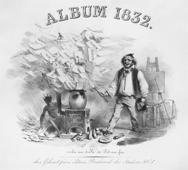 Figure 4.23 A lithograph depicting two lithographers at work: on the left, an older artist, an apron tied around his waist, stands over his work table; on the right, a younger, well-dressed artist sits at his desk, holding up his tools. Appears in grayscale.