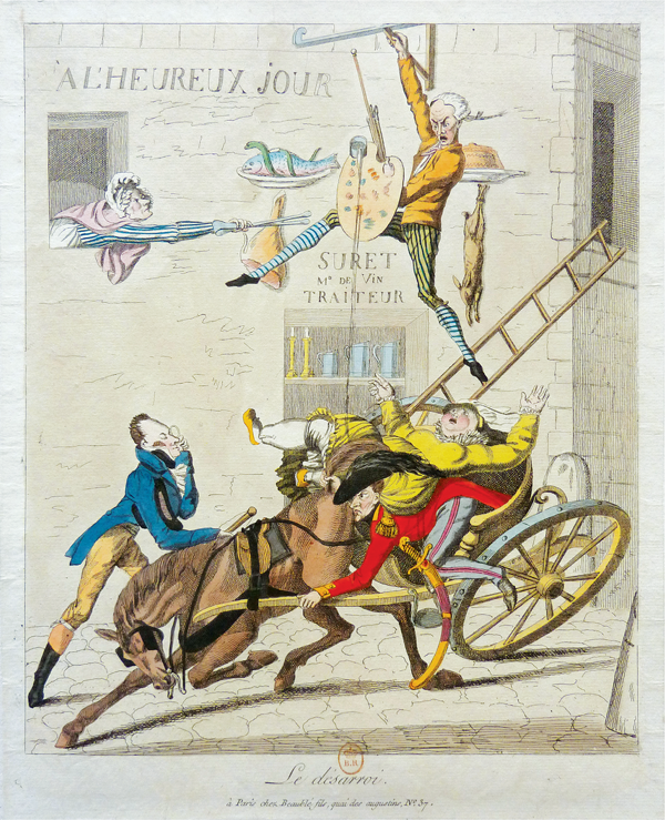 Figure 3.24 An etching depicting a chaotic street scene, in which an artist, his ladder knocked over by a horse-drawn carriage, hangs from the side of a building; from a level window, a woman leans out with tongs, grabbing his leg. Appears in grayscale.