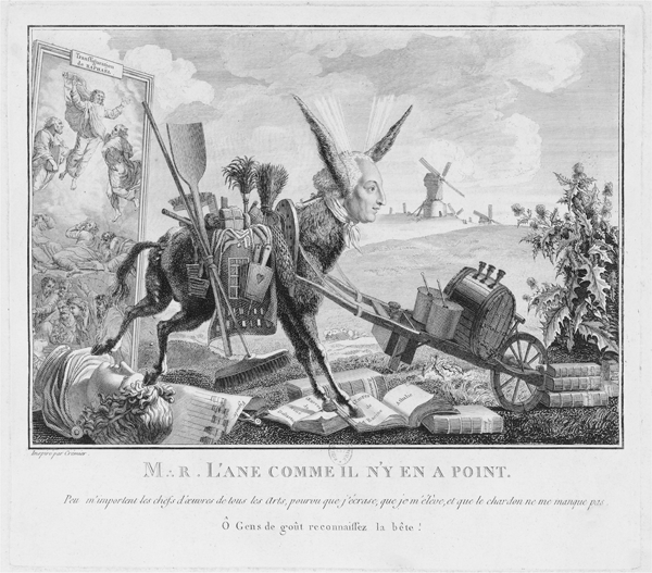 Figure 2.12 An etching depicting a pack donkey with a human face, a one-wheeled cart attached to the front of his harness, in a pastoral field; several windmills are visible behind. Appears in grayscale.