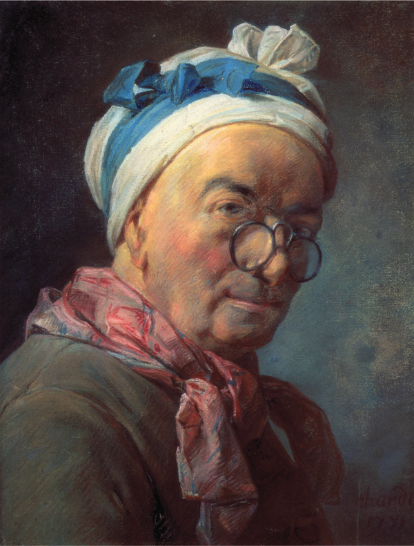 A pastel self-portrait depicting Jean-Baptiste-Simeon Chardin, at three-quarter-right angle, wearing a scarf tied beneath his chin and a knotted fabric on his head, while glancing sideways over pince-nez eyeglasses. Appears in grayscale.