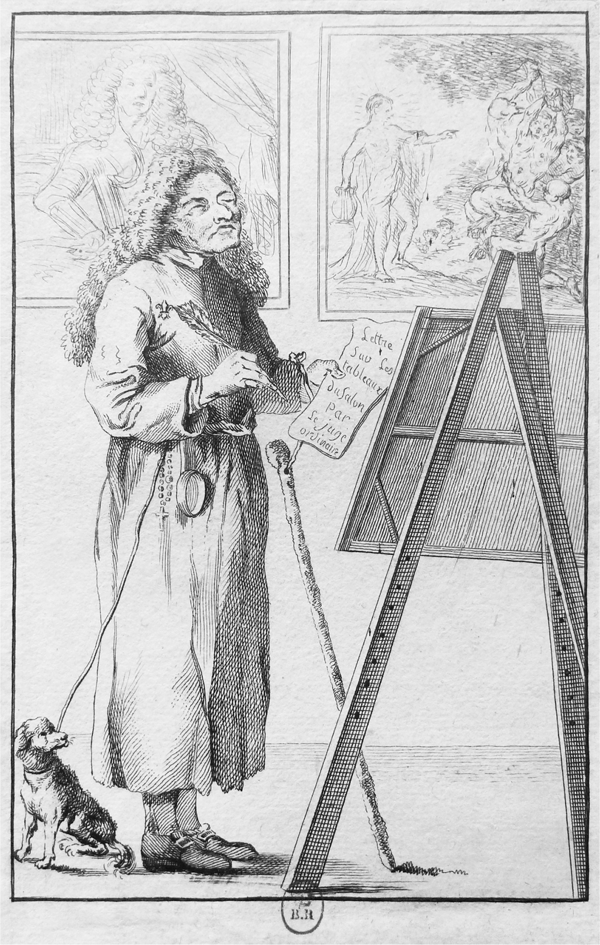 Figure 1.8 An etching depicting a man in an aristocratic wig squinting at a canvas, a feathered quill in his right hand and papers in the other; around his left wrist is the lead for a cane and around the other is a leash for the guide dog at his feet. Appears in grayscale.