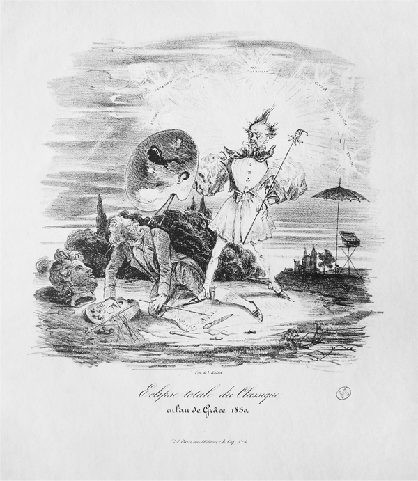 Figure 4.3 A lithograph depicting a lavishly-dressed painter, holding a large palette in his right hand like a shield, standing over an older, classically-dressed artist on all fours, his tools scattered on the ground around him; the head of a classical statue lays next to him. Appears in grayscale.