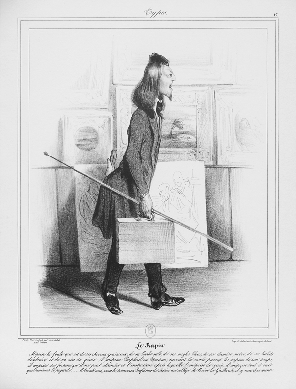 Figure 4.31 A lithograph depicting four well-dressed but frumpish men lying about their salon, variably leaning against a table, slouched over in an armchair, and sprawled on a chaise lounge sofa. Appears in grayscale.