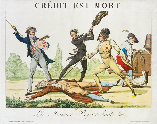 Figure 3.19 A lithograph depicting three male virtuosos beating a figure lying on the ground (substantive details of what each figure holds as a weapon are included in the main text). Appears in grayscale.