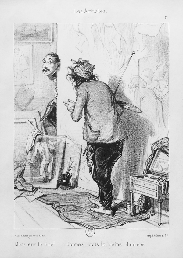 Figure 4.14 A hand-colored lithograph depicting a well-dressed and lanky man seated atop an Ionic capital column topper surrounded by other artworks and sculptures; holding a magnifying glass in his right hand, he inspects the statue fragment balanced on his left knee.