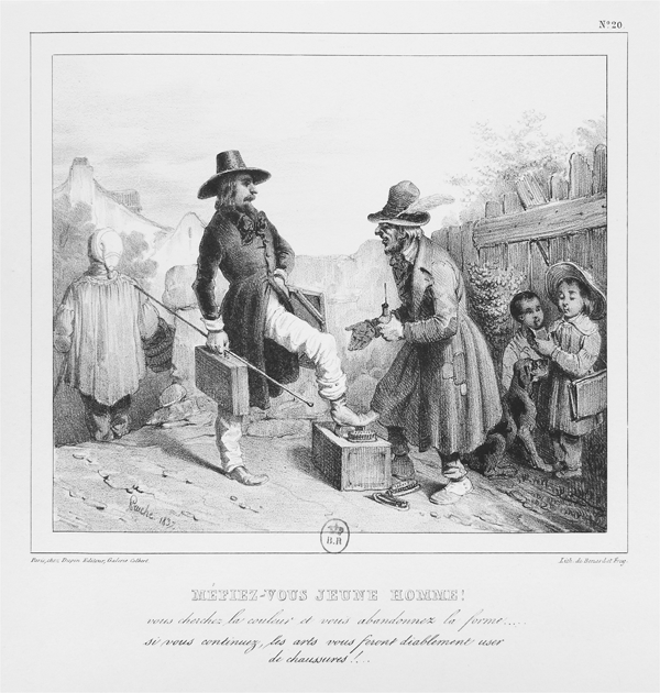 Figure 4.24 A lithograph depicting two sculptors at work: on the left, an older man, an apron tied around his waist, hunches to form a wooden shoe with a trade hammer; on the right, a younger artist, holding specialized tools, stands before a classical statute. Appears in grayscale.