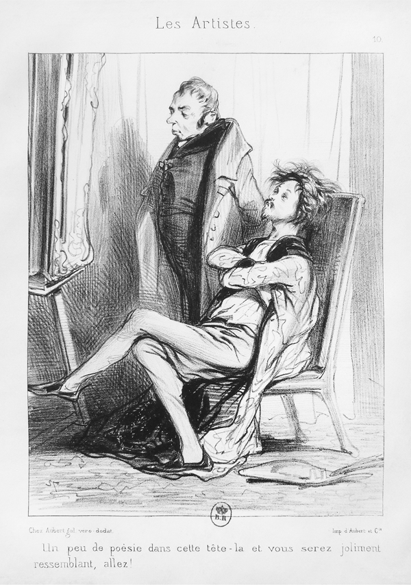 Figure 4.15 A lithograph depicting a disheveled artist in loose work clothes, his painterly tools in his right hand, standing before a large canvas; around the left side pokes the head of a well-dressed patron attempting to enter the artist’s studio. Appears in grayscale.