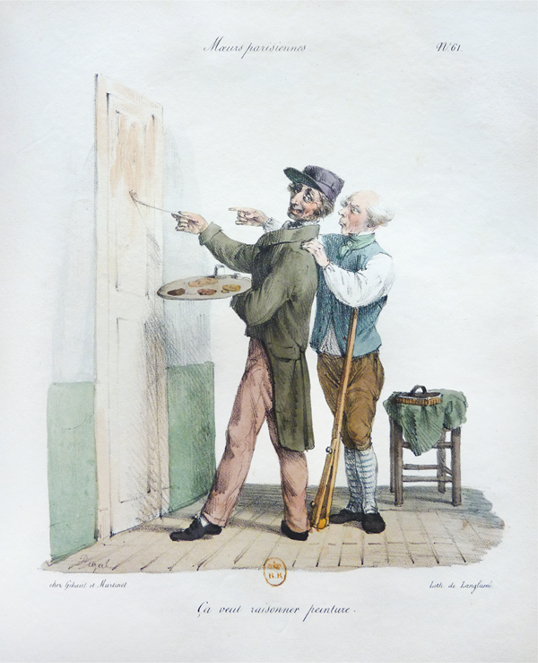 Figure 3.11 A lithograph depicting an older man standing behind a painter, his left hand on the painter’s shoulder and his right hand pointing forward. The painter, looking over his shoulder, holds a paintbrush up to the door he is coloring. Appears in grayscale.