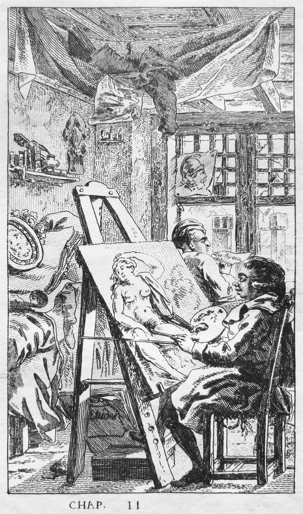 Figure 1.16 An etching depicting two male figures in a small, cramped studio; the artist in the foreground sits before an easel, his left knee against the wooden frame, painting a portrait of a naked woman. Appears in grayscale.