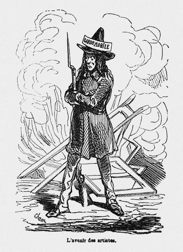 Figure 4.36 A wood engraving depicting several well-dressed figures in top hats standing in a large museum gallery, their bodies contorting in laughter at the framed pieces of art on display. Appears in grayscale.
