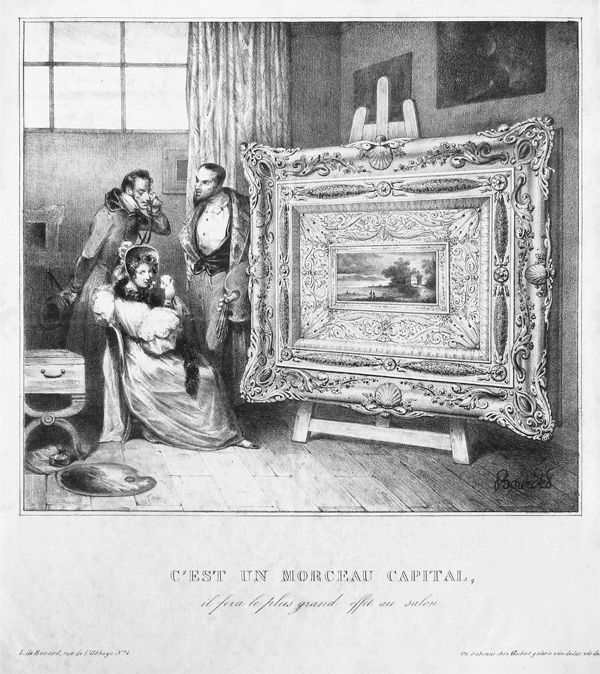 Figure 3.13 A lithograph depicting a pastoral painting in an ornate frame many times its size. An artist stands next to the piece, before a well-dressed couple: a woman, seated, and a man, behind, a monocle held to his left eye. Appears in grayscale.