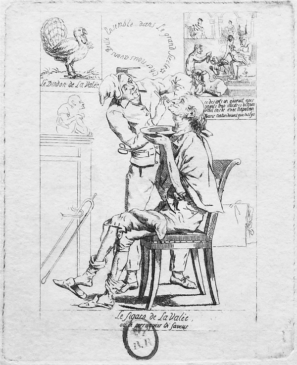 Figure 3.3 An etching depicting a seated older man, a barber’s cape around his neck; his head is tilted back and his chin is raised, awaiting a shave. A barber stands to his right, holding a razor in his right hand, shaving the man’s right cheek. Appears in grayscale.