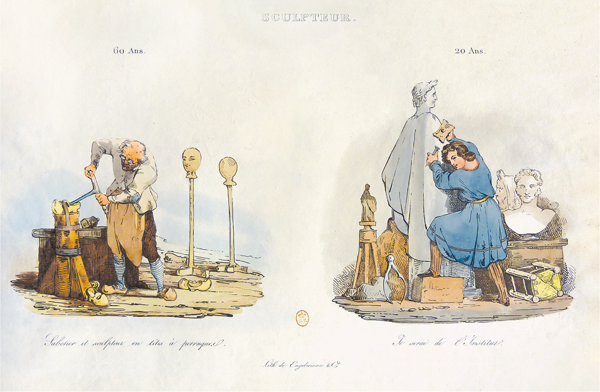 Figure 4.22 A lithograph depicting two men before a large canvas: an artist, left, holding a paintbrush in his right hand and tools in the other, stands over the second, a portly, well-dressed gentleman in a top hat, pointing at the canvas from his seated position. Appears in grayscale.