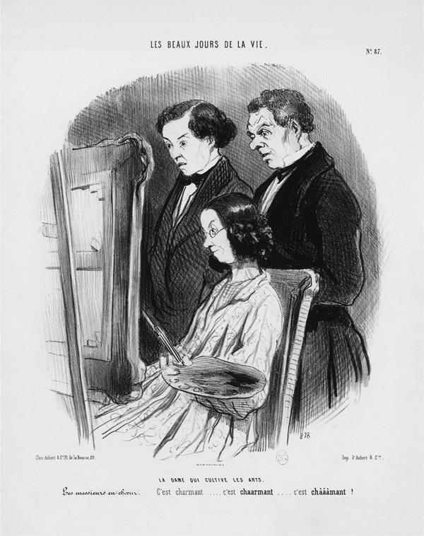 Figure 4.30 A lithograph depicting two well-dressed, long-haired artists in mid-conversation on a hillside; one, left, sits with his legs bent, holding his left knee for support, while the other lies beside him on his stomach. Appears in grayscale.