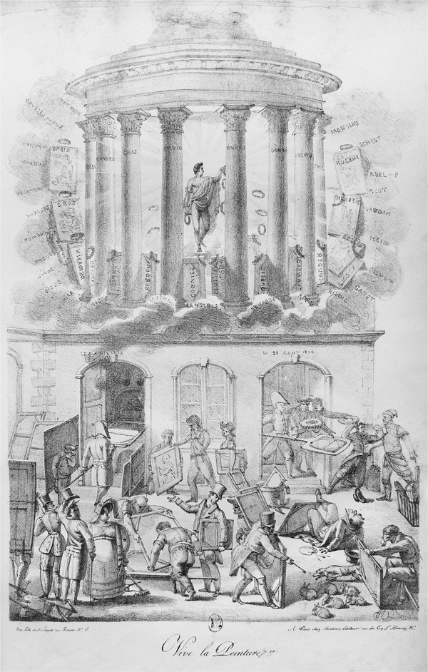 Figure 3.1 A lithograph depicting a Grecian god hovering between amphitheater columns in the clouds above a busy, chaotic street where artists hurry to submit their work to the god above. Appears in grayscale.