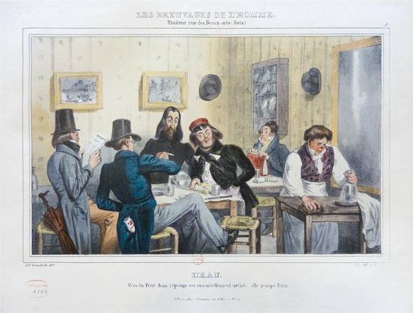 Figure 4.1 A lithograph depicting four men sitting in a restaurant, their table empty save for water glasses and a pitcher; to the right, a waiter wipes down another table, holding the neck of another pitcher of water for the four artists with his left hand. Appears in grayscale.