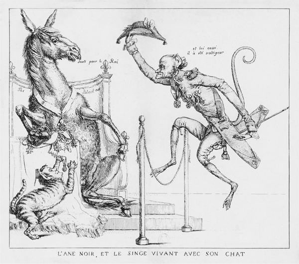 Figure 3.6 An etching depicting an anthropomorphized monkey, wearing an elegant coat emblazoned with numerous military medals, his right foot crossing a braided stanchion rope before an enthroned donkey holding a crown in his right hoof. Appears in grayscale.