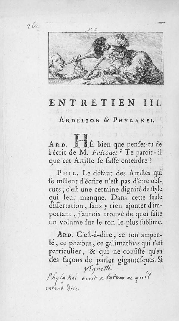 Figure 1.11 An etching depicting a blindfolded man writing at a desk, his pince-nez glasses hanging from the band around his head; another man squats next to the table, blowing a coaching horn in his ear. Appears in grayscale.