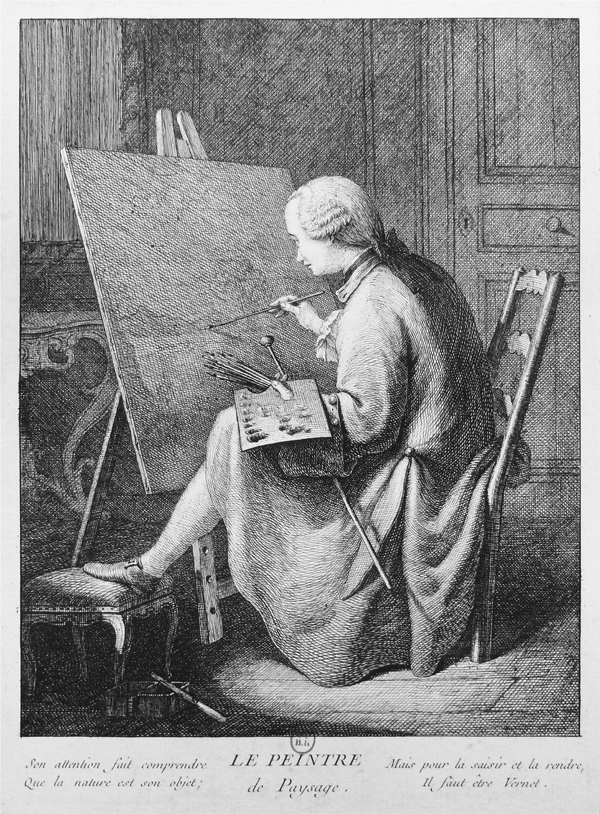 An etching depicting an artist sitting in a small room before an easel, holding one paintbrush in his right hand and a handful of other brushes, palette, and mahlstick in the other; his left foot rests on a stool. Appears in grayscale.