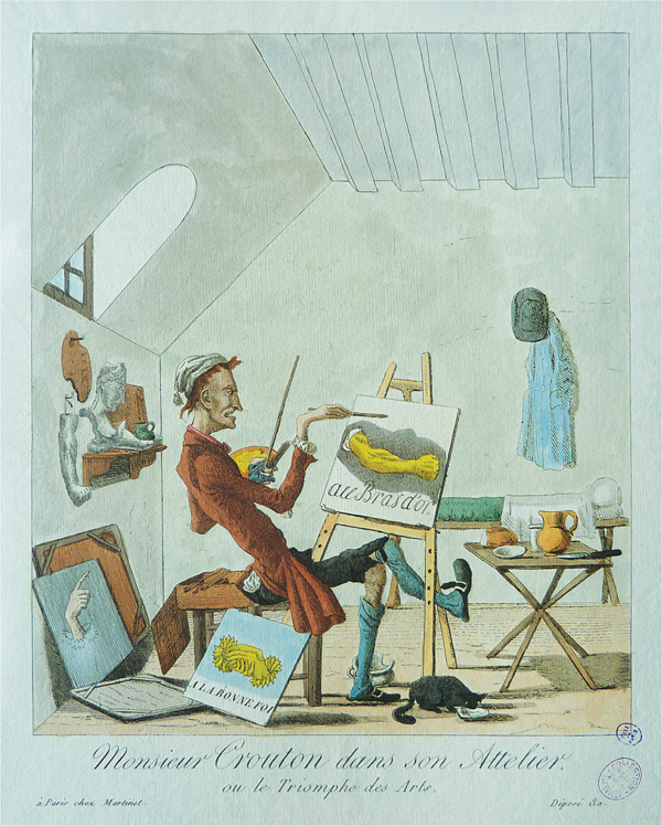 Figure 3.25 A hand-colored etching depicting an artist in a well-lit studio seated before an easel, holding a paintbrush in his right hand and remaining tools in the other; on his canvas is an image of a muscular arm, reproduced on the canvases scatted on the floor.