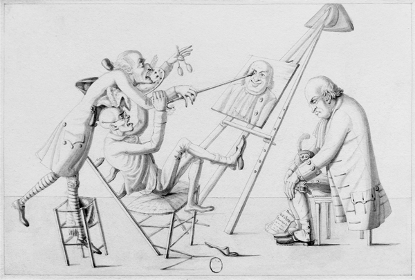 Figure 2.10 An etching depicting a man, his foot caught in a stool, tripping over an artist and puncturing the canvas with his cane. The easel tilts backward, away from the two men who are falling over in the other direction. Appears in grayscale.