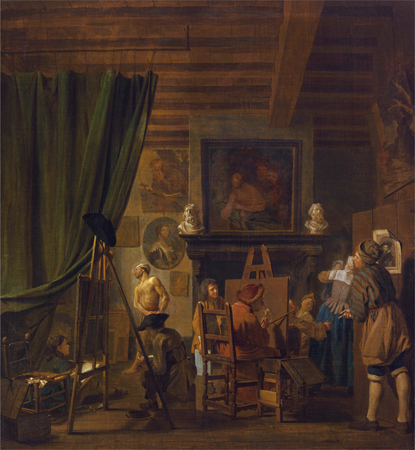 A colored oil painting depicting an artist, center, at an easel surrounded by several other people in a dark, cluttered studio; a curtain hangs from the ceiling, blocking the window.