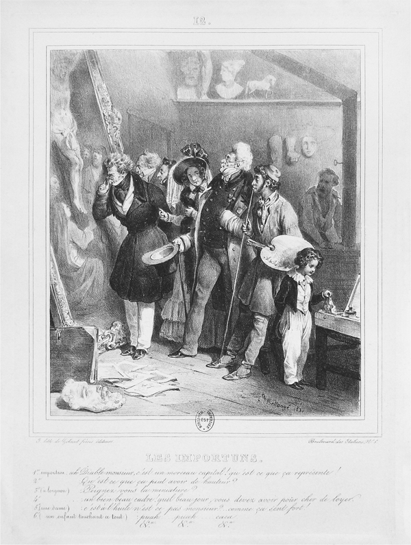 Figure 4.18 A lithograph depicting an older man standing behind a painter, his left hand on the painter’s shoulder and his right hand pointing forward. The painter, looking over his shoulder, holds a paintbrush up to the door he is coloring. Appears in grayscale.