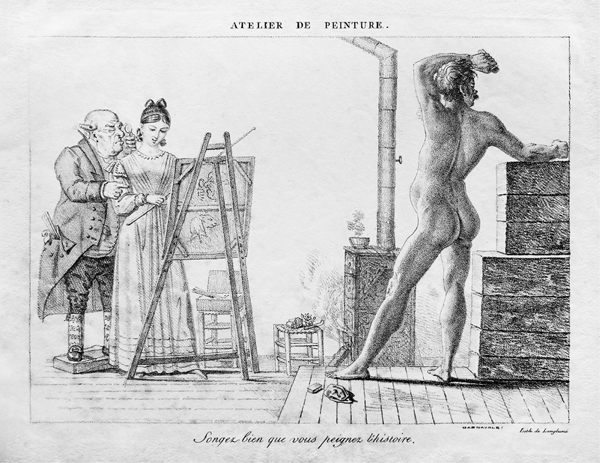 Figure 3.34 A lithograph depicting a female painter before an easel in a large studio; behind her stands an older male instructor, holding a magnifying glass in his left hand and pointing at the canvas with the other. In the foreground stands her nude male model. Appears in grayscale.