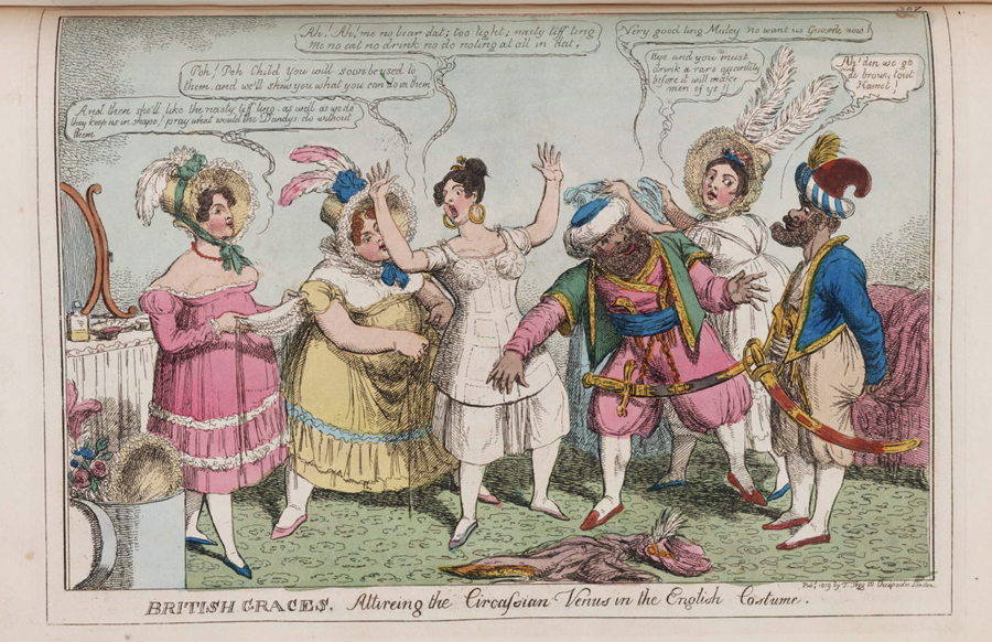 Figure 3.4 A hand-colored engraving depicting several people standing around Delarom in a dressing room: three Englishwomen wearing feathered bonnets dress her, holding pieces of clothing and tightening a corset-bodice, while two bearded men in scimitars observe.