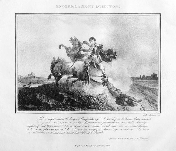 Figure 3.10 A lithograph depicting the same scene from Figure 3.10; here, the man on the chariot looks over his shoulder at the body, tied to back, lying face-down. The horse on the right rears up on its hind legs, while the other bows its head. Appears in grayscale.
