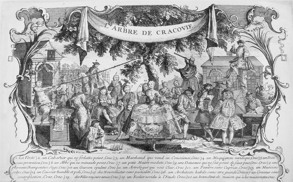 Figure 1.15 An etching depicting many people beneath a tree; all of the figures, variously posed on horseback, looking through a telescope, holding a violin, and in mid-conversation, are well-dressed, save for an artist, standing alone. Appears in grayscale.